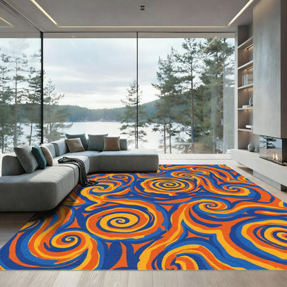 Vibrant Blue Orange Swirls Rug