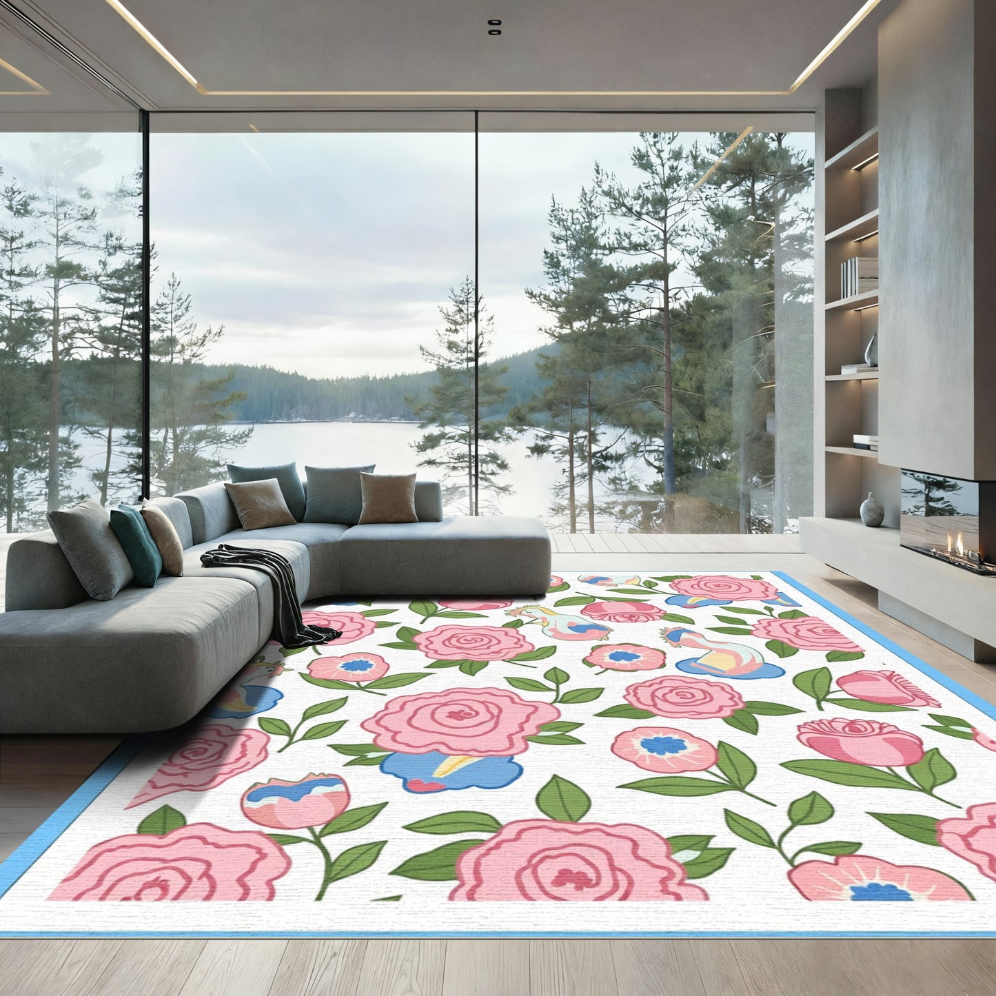 Pink Rose And Creatures Floral Collage Rug