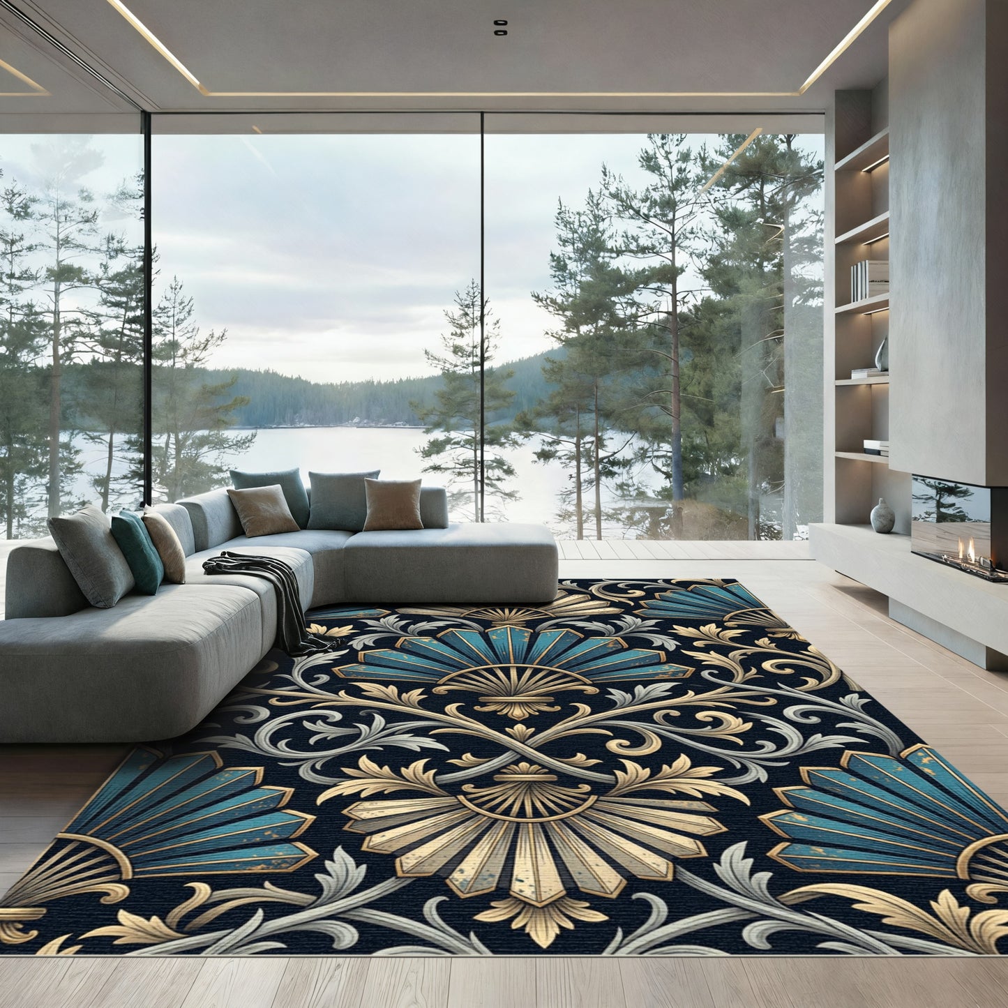 Art Deco Teal and Gold Plume Rug