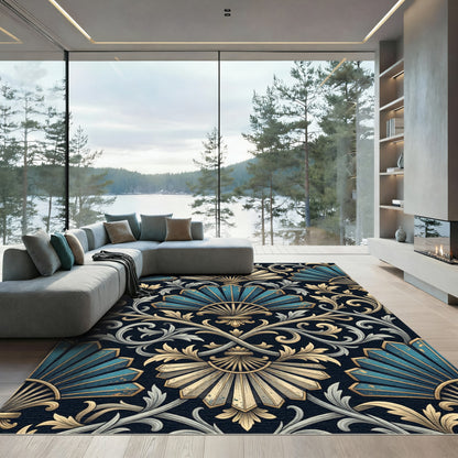 Art Deco Teal and Gold Plume Rug