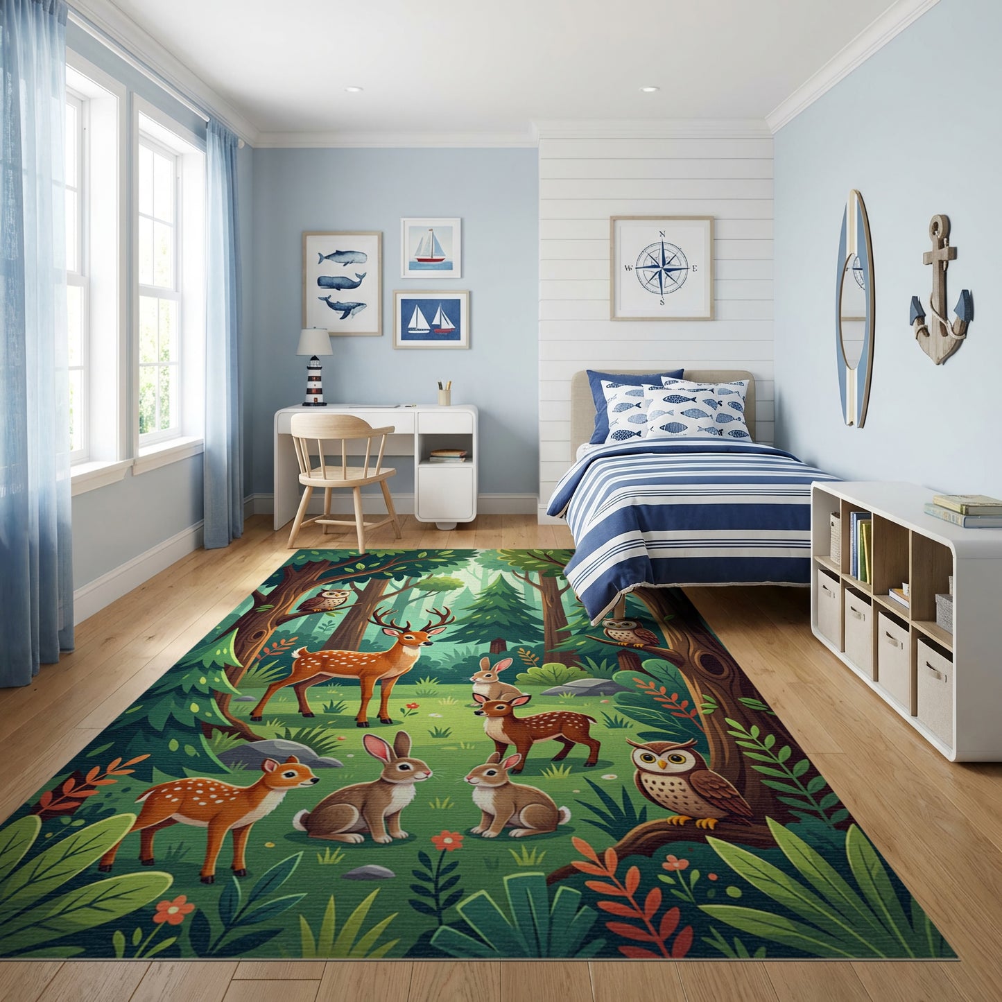 Whimsical Forest Deer Owls Rabbits Rug