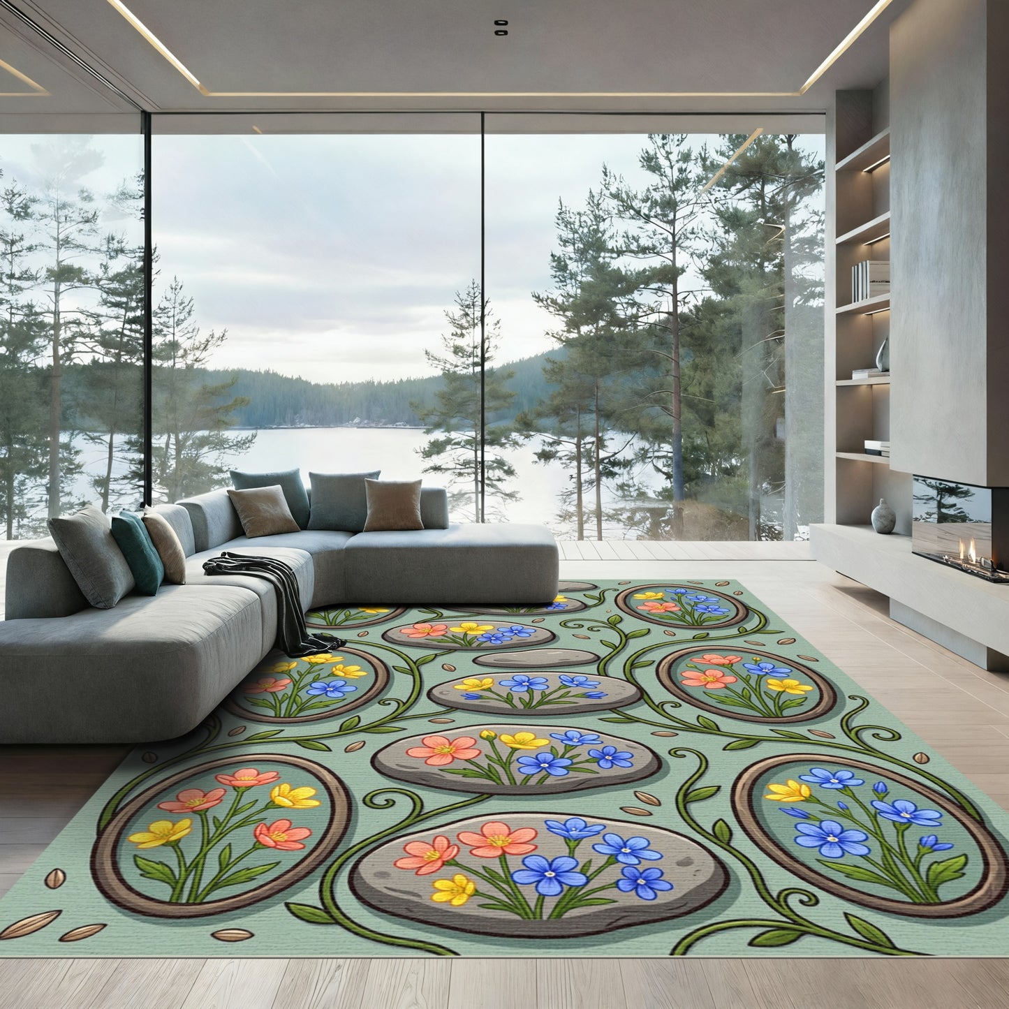 Pastel Floral Stone Meadow Art Rug