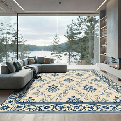 Classic Blue Floral Damask Scrolls Rug