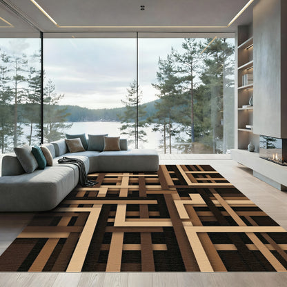 Modern Brown Geometric Layered Block Rug