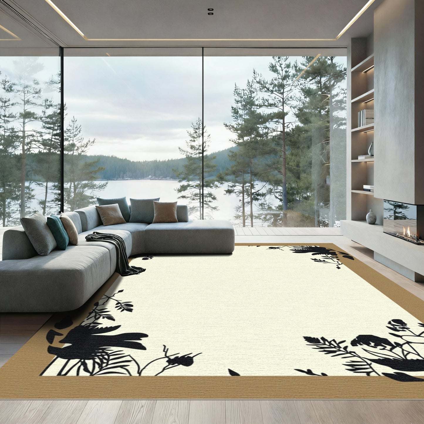 Black Floral Branch Frame Rug