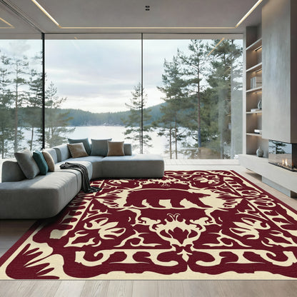 Deep Red Bear Woodland Border Rug