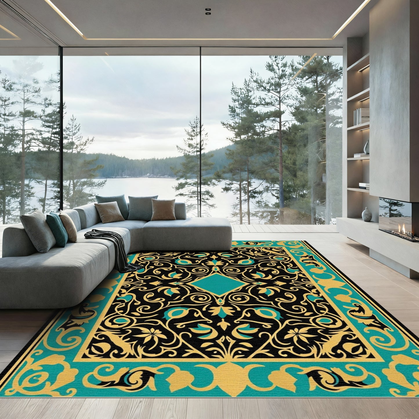 Black Gold Teal Floral Square Rug