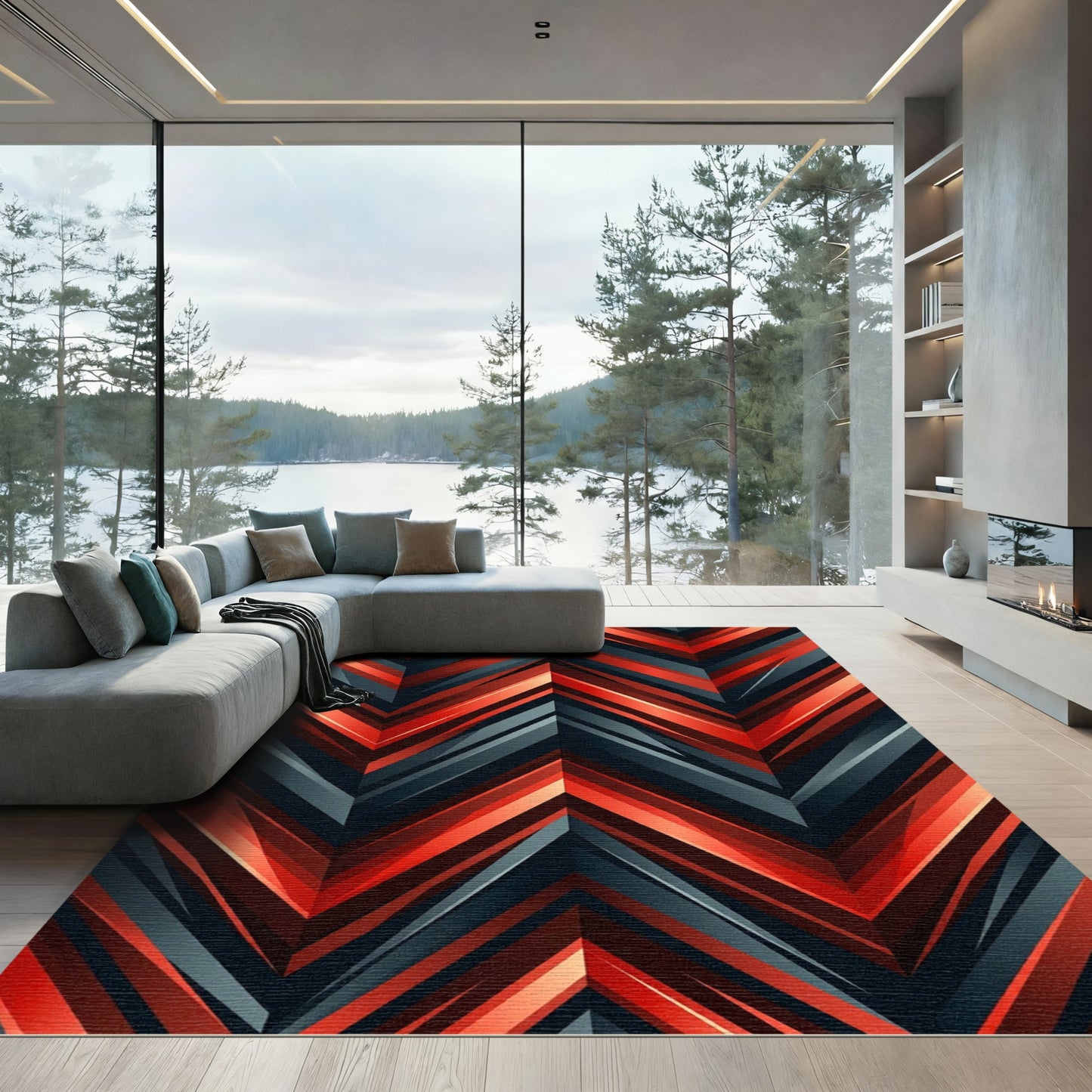 Geometric Red Dark Chevron Rug