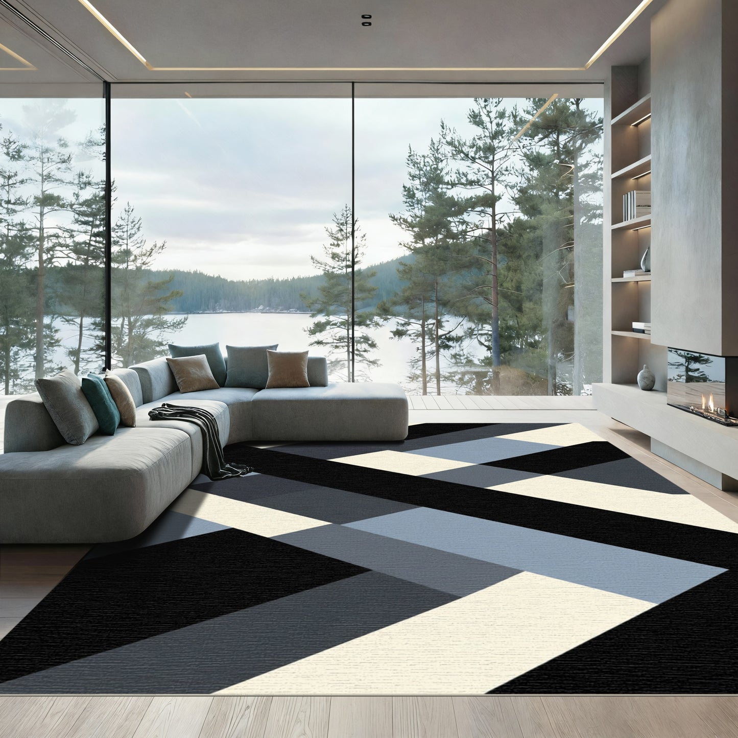 Black Gray Blue Geometric Block Rug