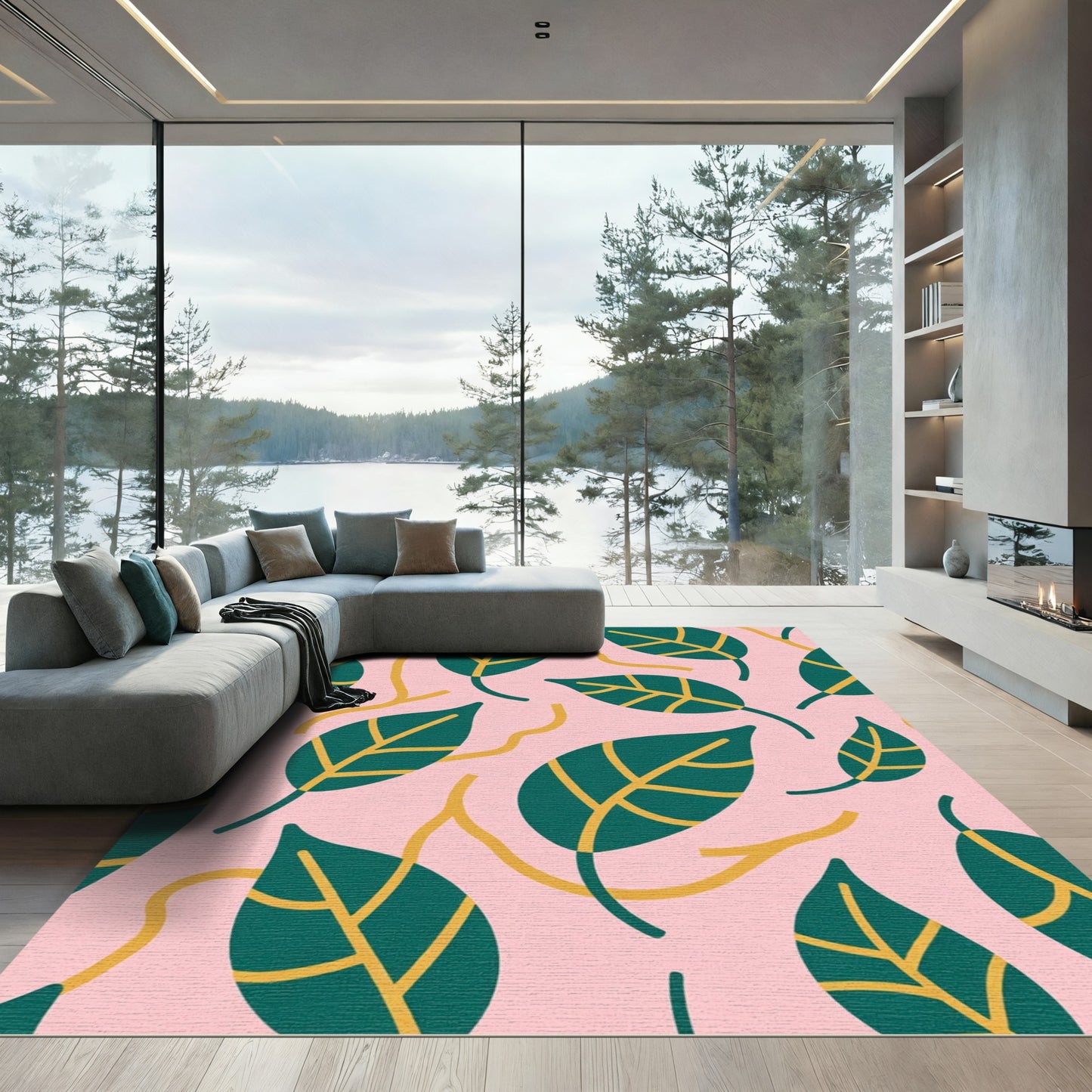 Teal Leaf Pink Background Abstract Swirl Rug