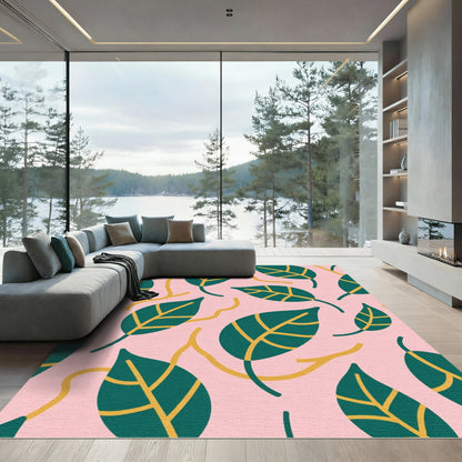 Teal Leaf Pink Background Abstract Swirl Rug