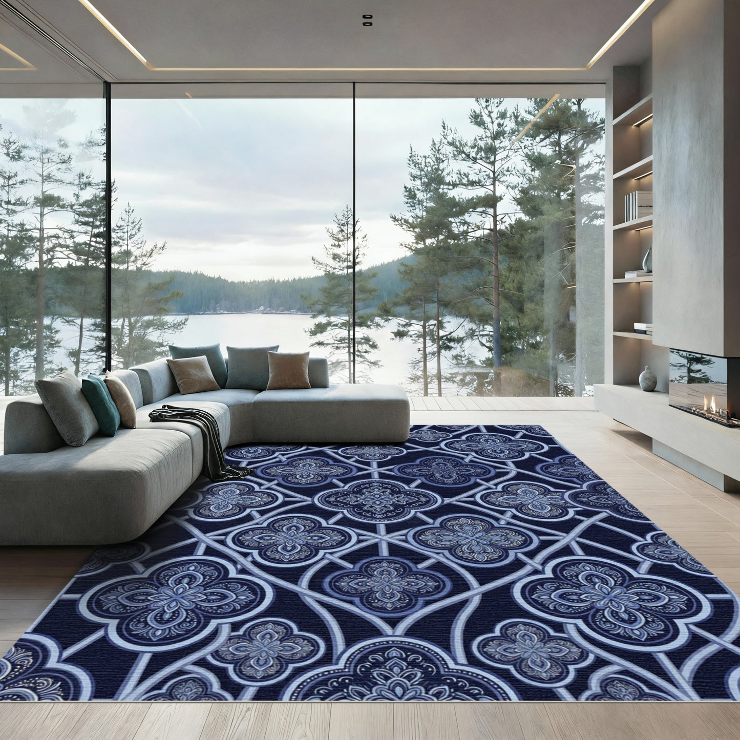 Indigo Damask Quatrefoil Lattice Interlocking Rug