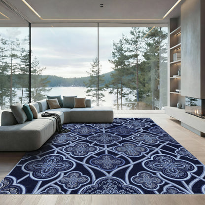 Indigo Damask Quatrefoil Lattice Interlocking Rug