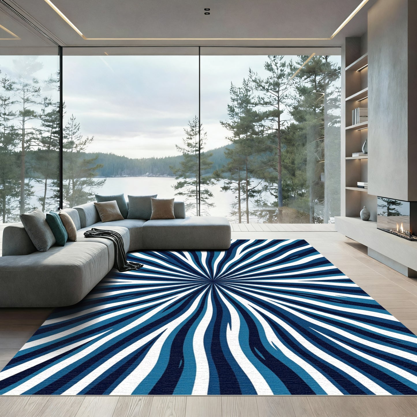 Vibrant Blue White Radial Stripes Rug