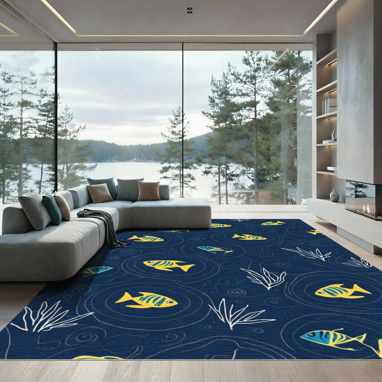Yellow Blue Fish Aquatic Scene Rug