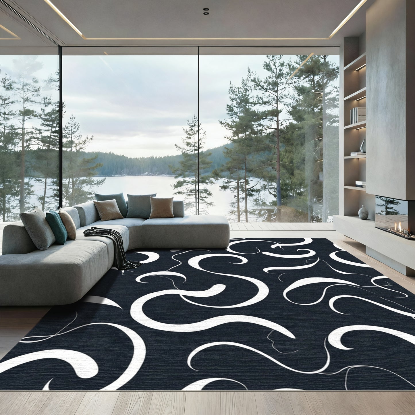 Chic White Swirls Dark Composition Rug