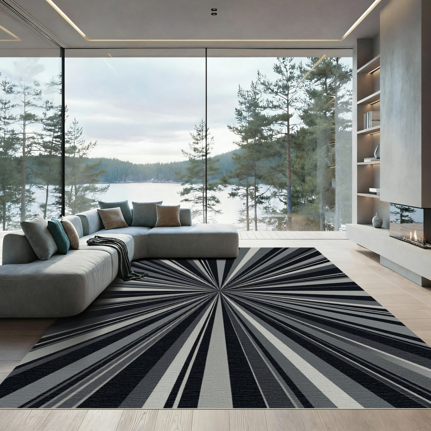 Modern Gray Sunburst Ray Rug