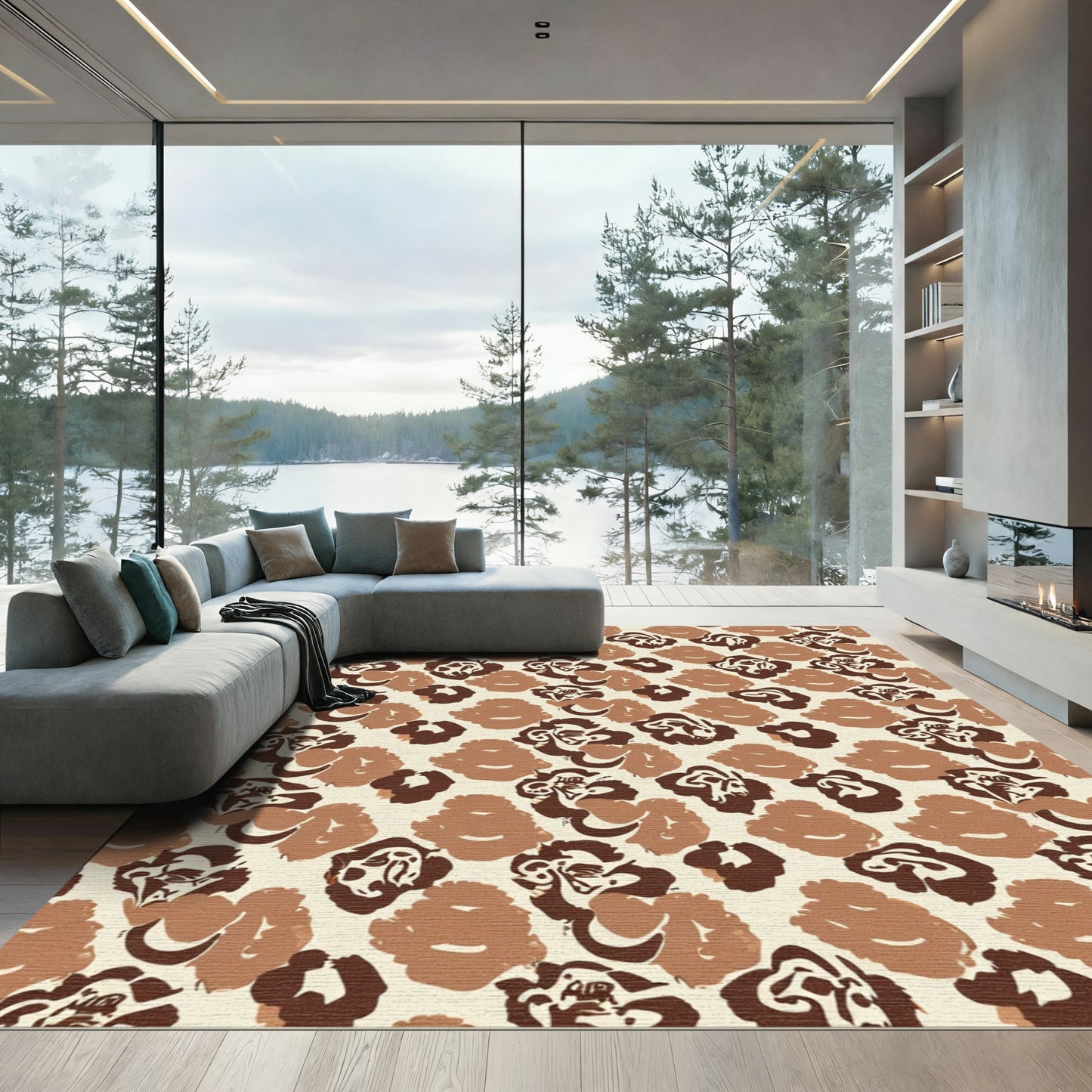 Abstract Leopard Floral Brown Cream Rug