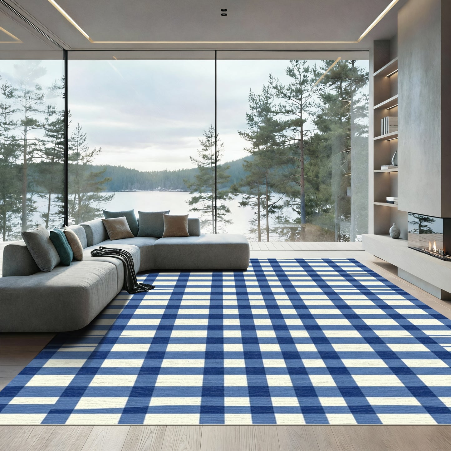 Navy Cream Gingham Checkered Rug