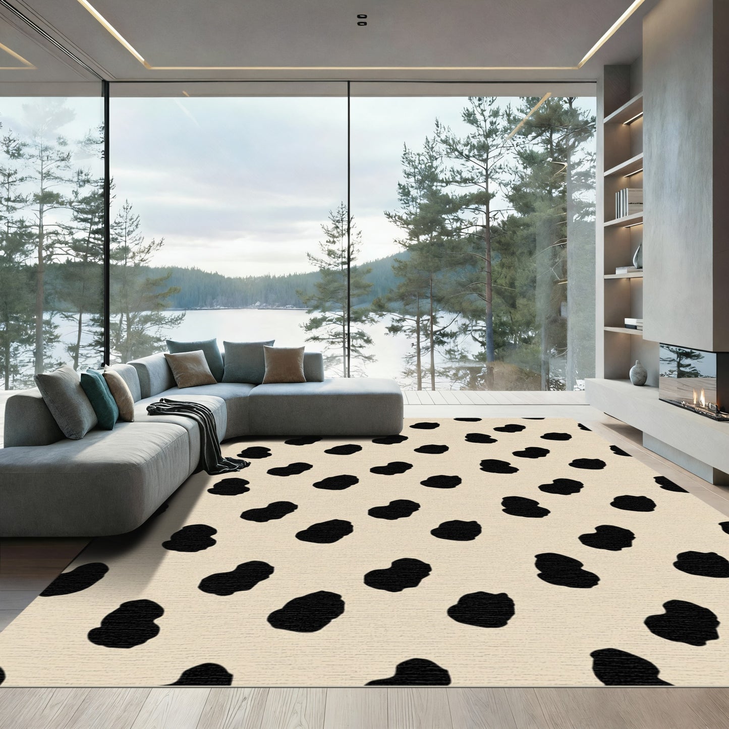 Black Leopard Spots Beige Background Rug