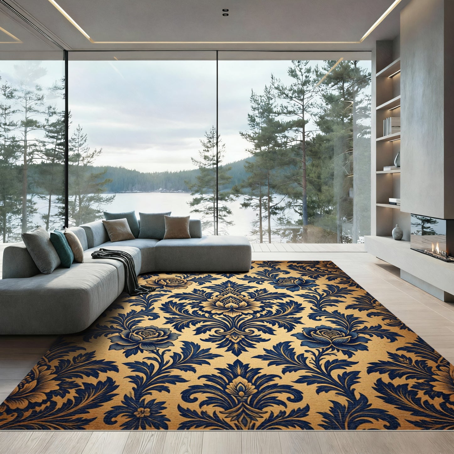 Elegant Navy Blue Rose Damask Rug