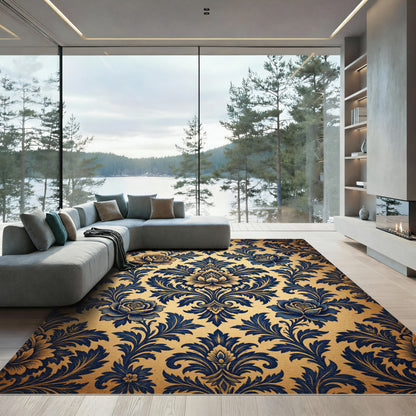 Elegant Navy Blue Rose Damask Rug