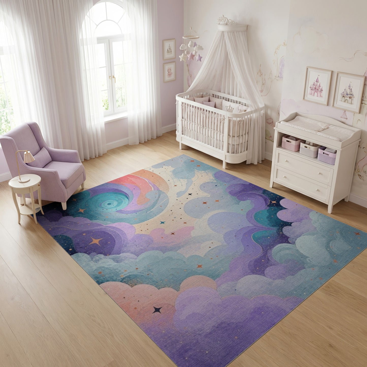 Purple Teal Swirling Stars Clouds Rug