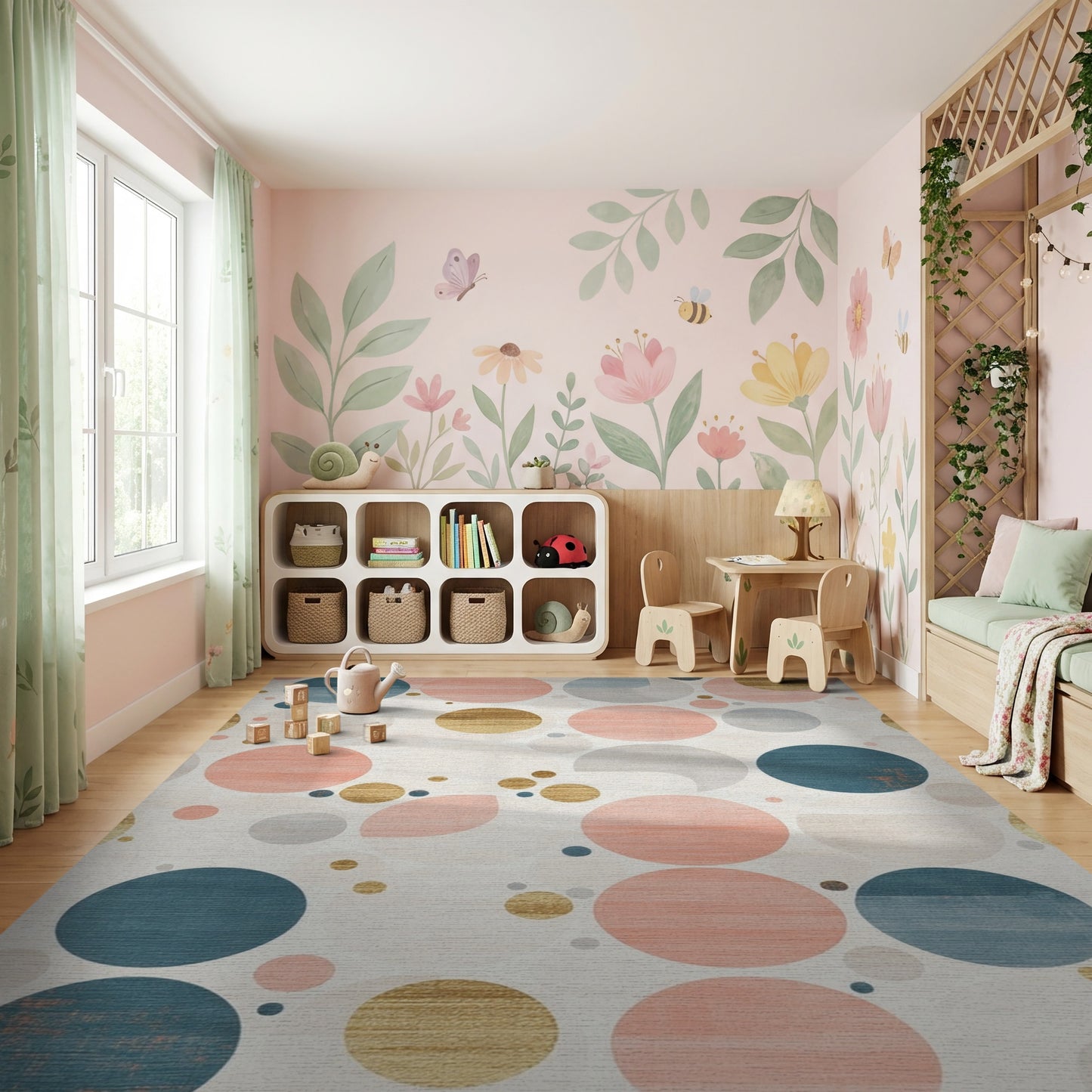 Abstract Teal Coral Gold Circles Rug