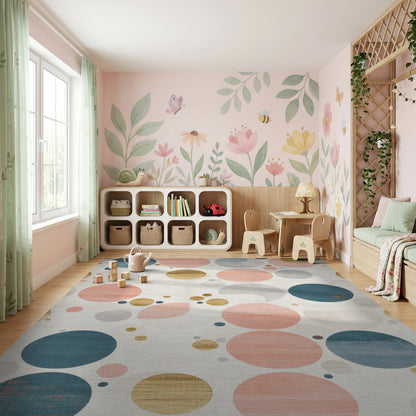 Abstract Teal Coral Gold Circles Rug