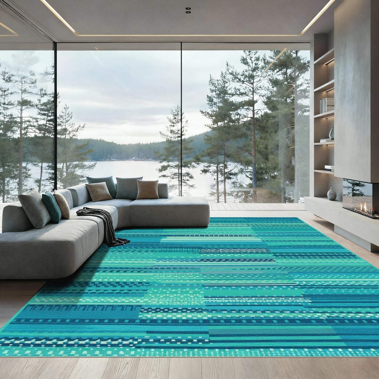 Teal Blue Textured Geometric Stripe Rug