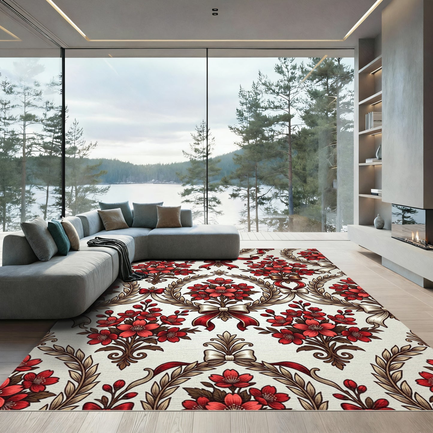 Crimson Floral Laurel Ribbon Garland Rug