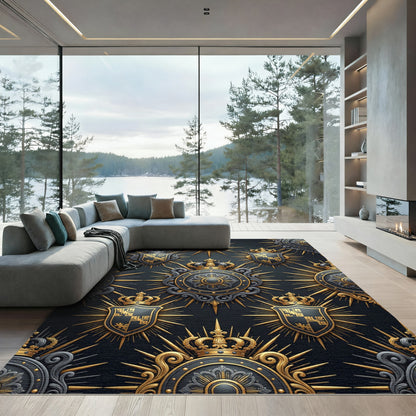 Royal Gold And Black Heraldic Emblem Rug