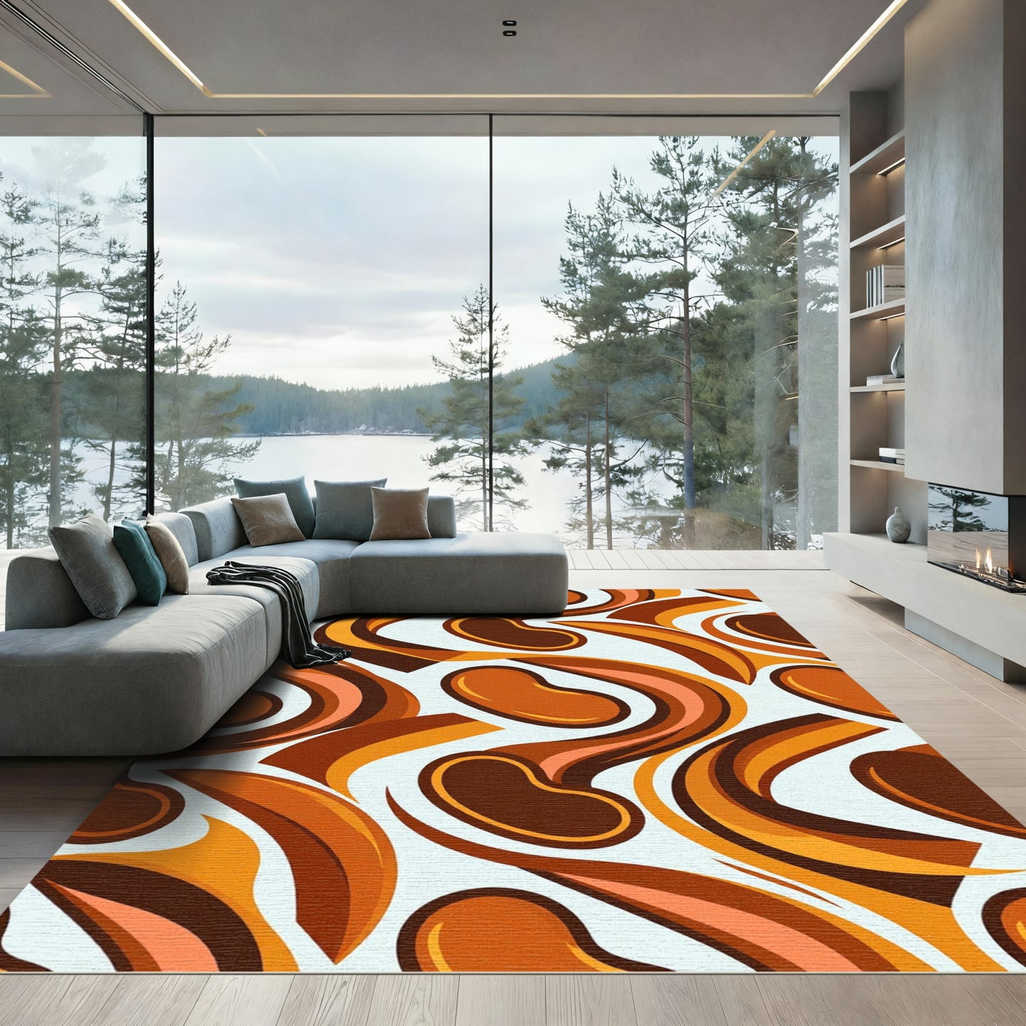 Midcentury Retro Burnt Orange Swirl Rug