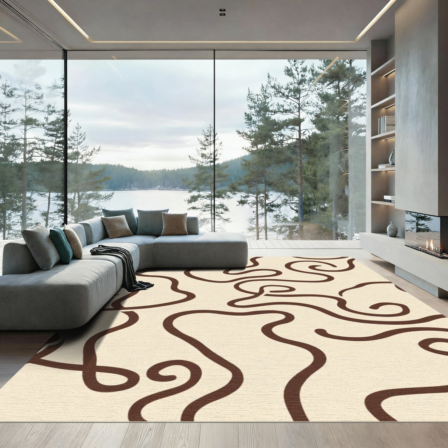 Cream Chocolate Swirl Abstract Waves Rug
