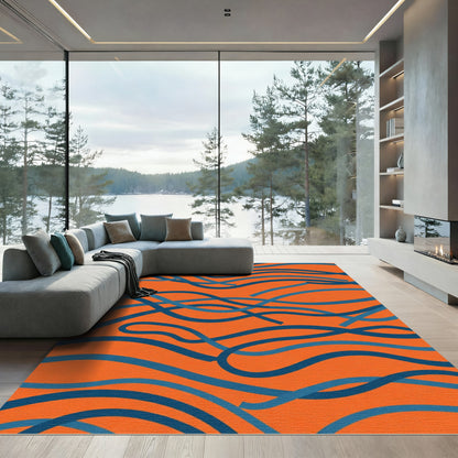Orange Blue Wavy Ribbon Abstract Rug