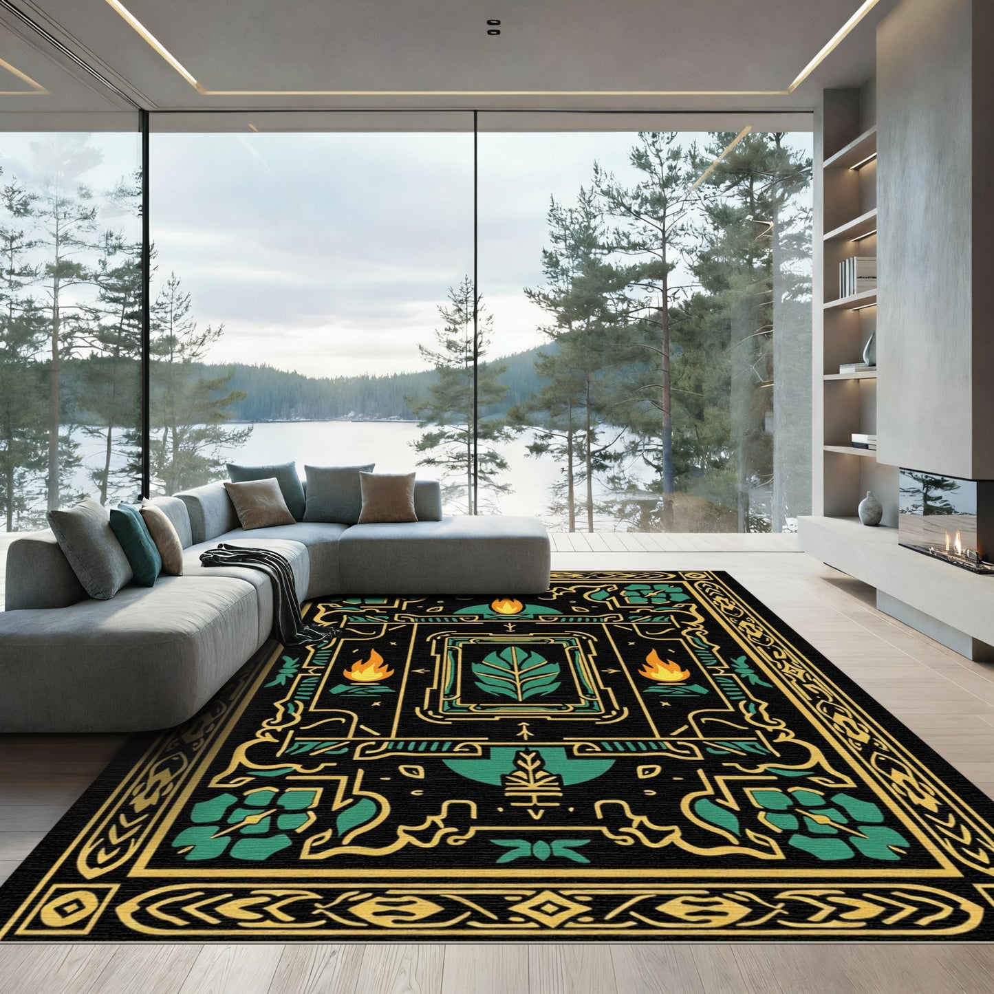 Black Teal Gold Geometric Fireleaf Rug