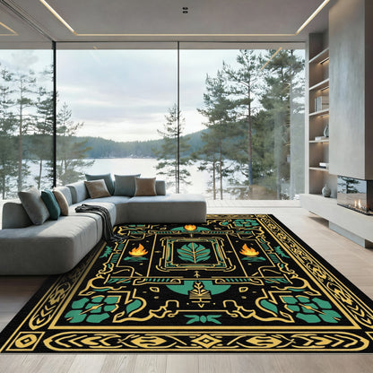 Black Teal Gold Geometric Fireleaf Rug