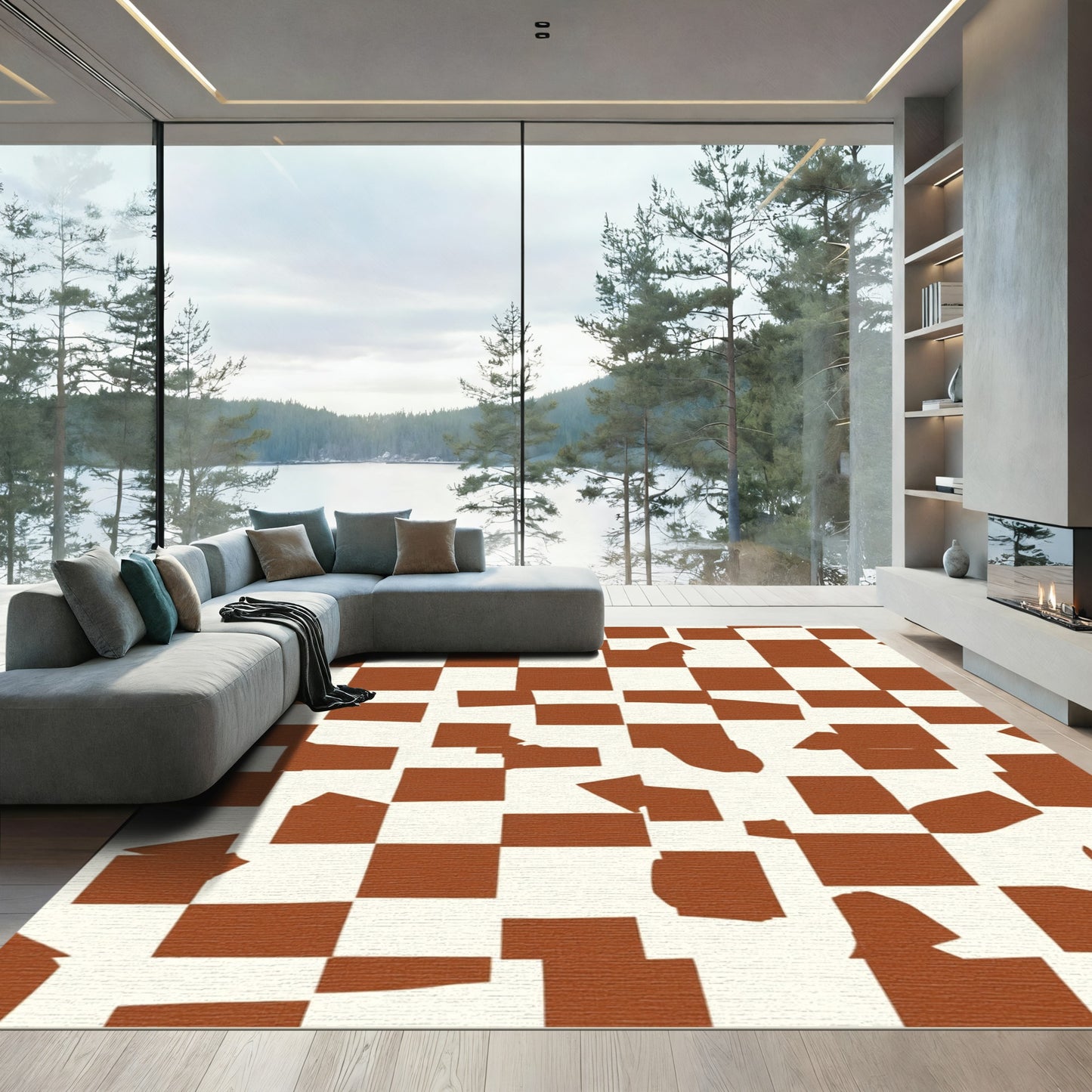 Rustic Brown Checker Abstract Squares Rug