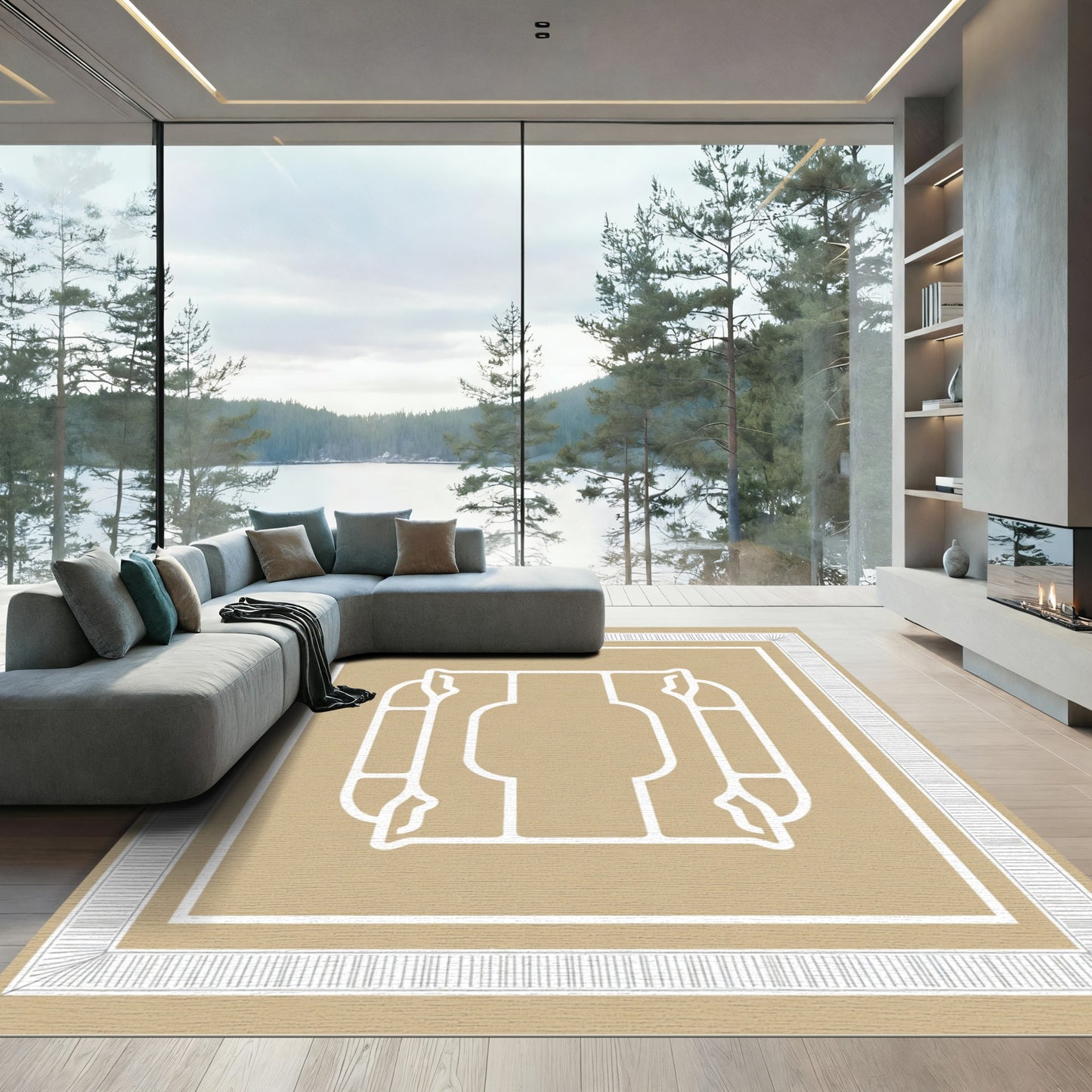 Abstract Tan Geometric Outline Rug