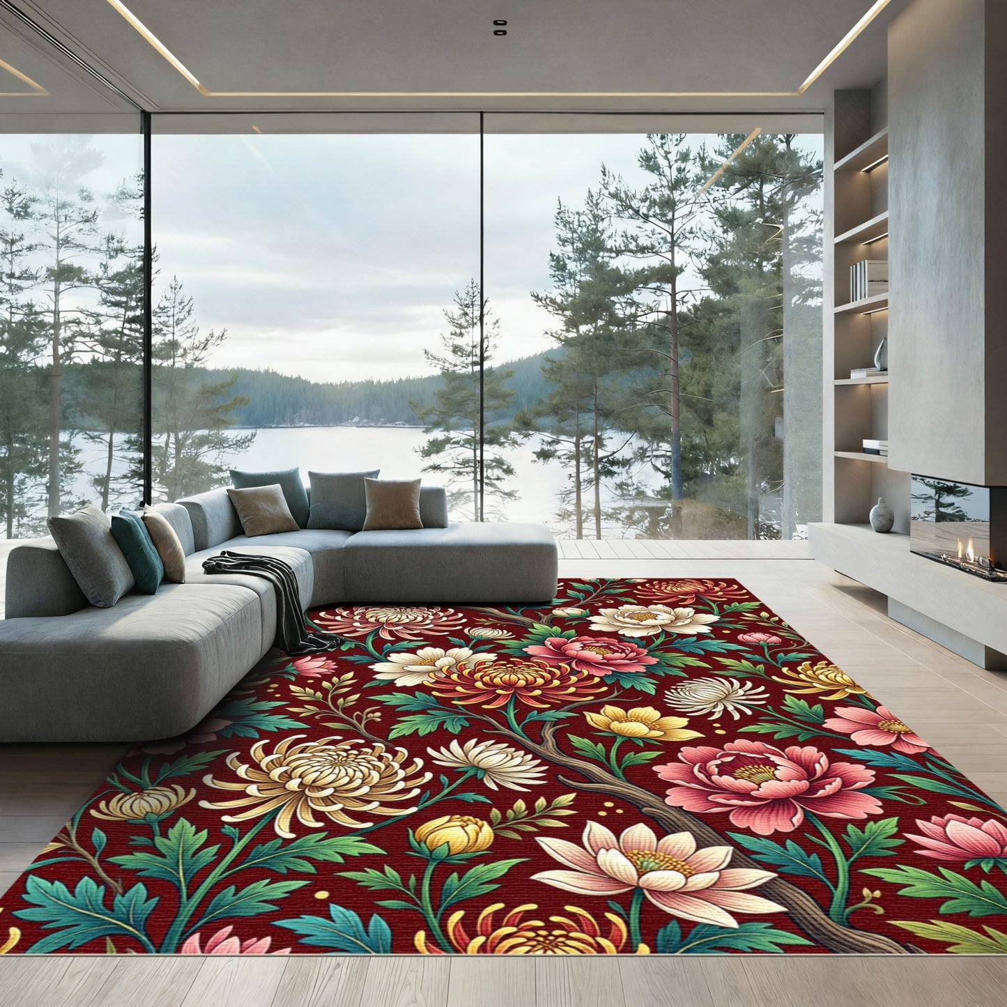 Dark Crimson Botanical Chrysanthemum Floral Rug