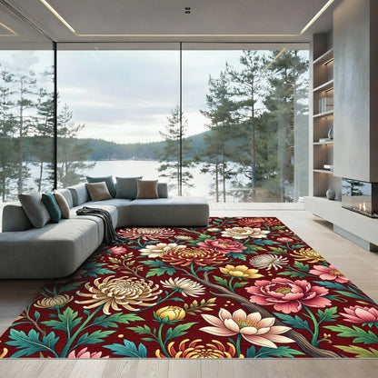 Dark Crimson Botanical Chrysanthemum Floral Rug