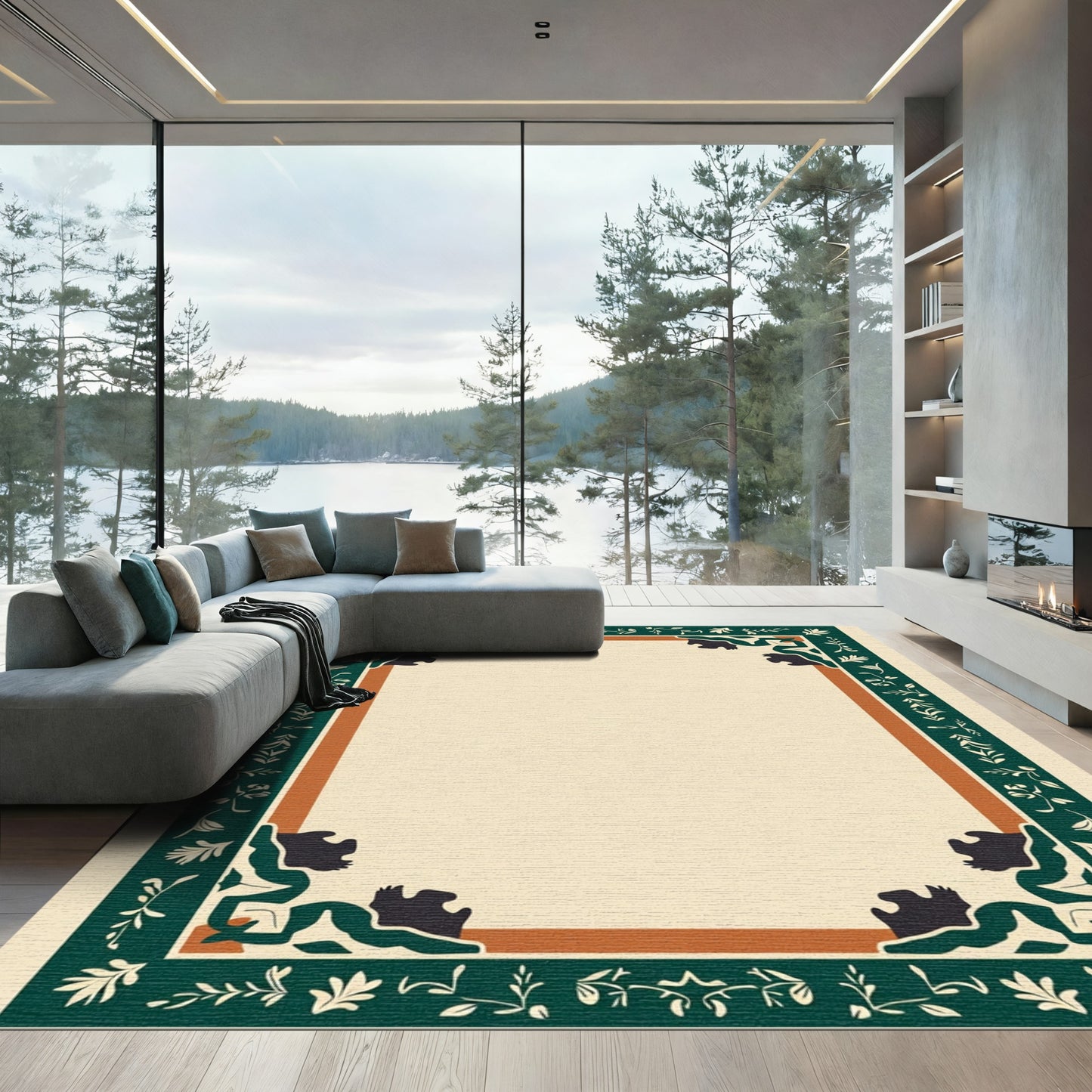 Dark Green Vine Creature Border Rug