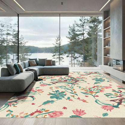 Crimson Teal Floral Swirl Motif Rug
