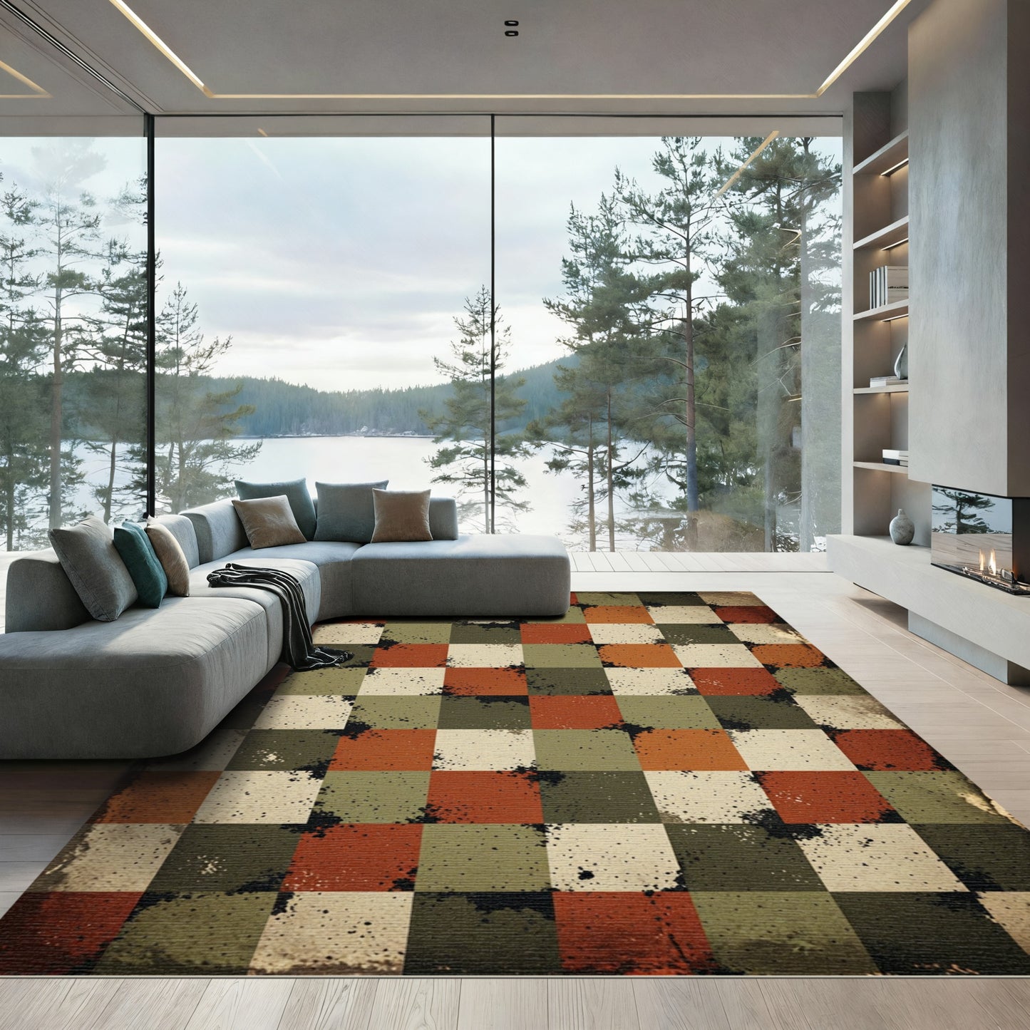 Vintage Distressed Earthy Checkered Square Grid Rug