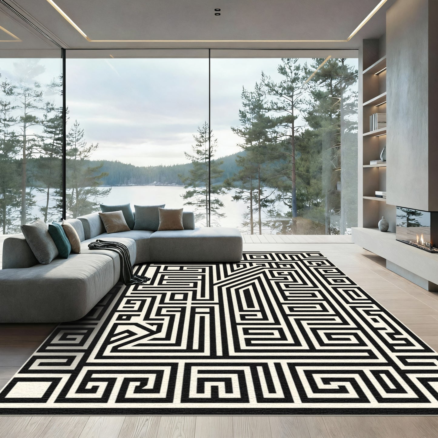 Black Cream Geometric Labyrinth Rug