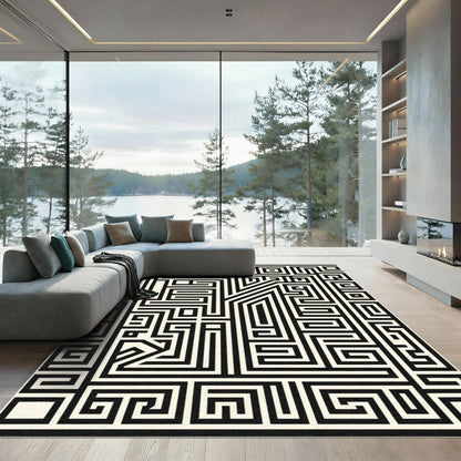 Black Cream Geometric Labyrinth Rug