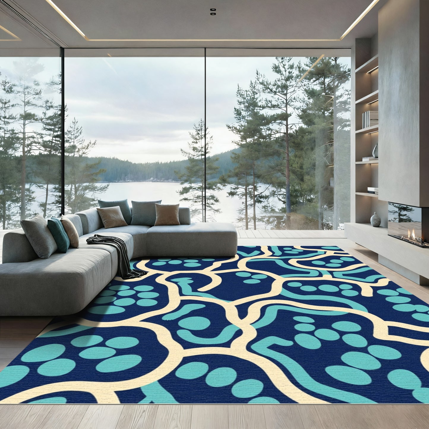 Navy Aqua Cream Abstract Irregular Shapes Rug