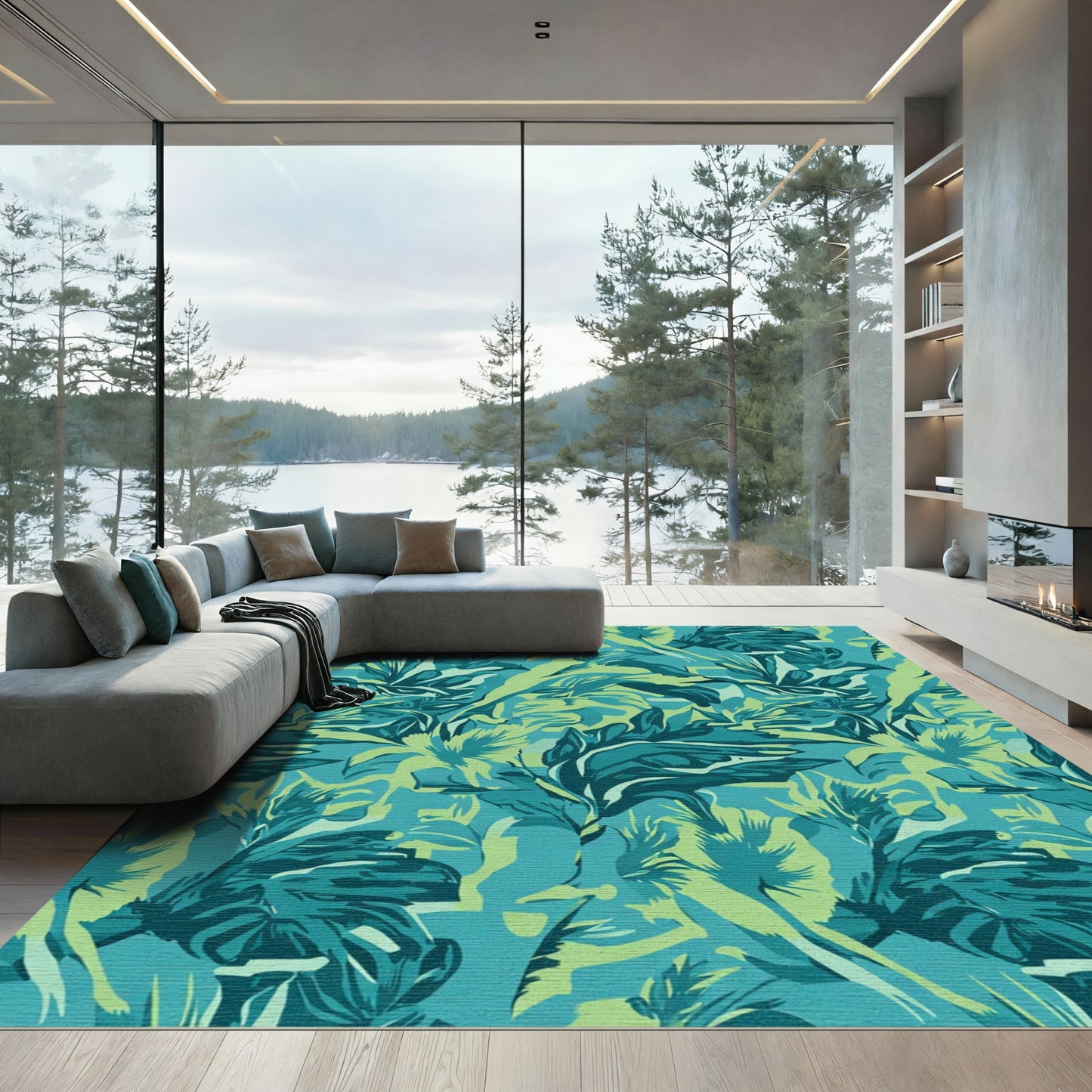 Teal And Green Tropical Foliage Rug