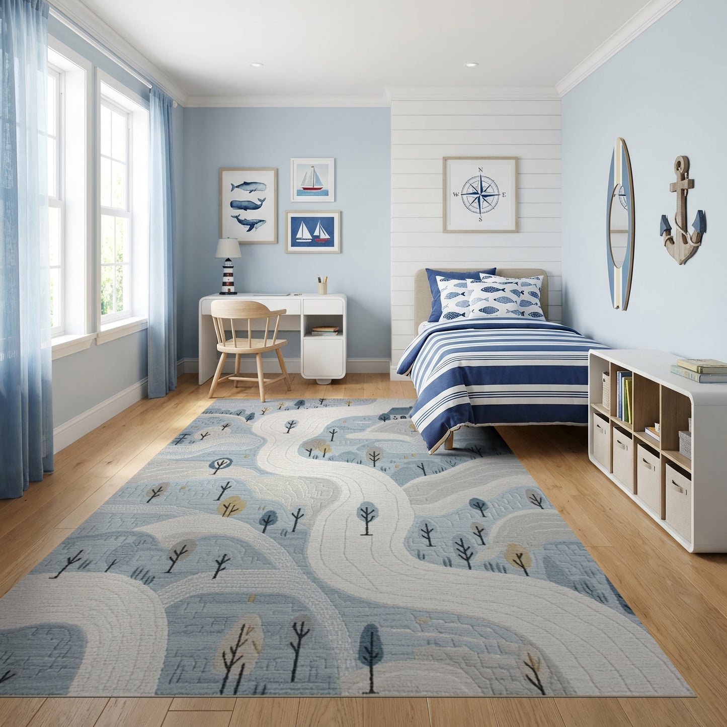 Whimsical Snowy Cottage Winding Paths Rug