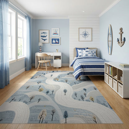 Whimsical Snowy Cottage Winding Paths Rug